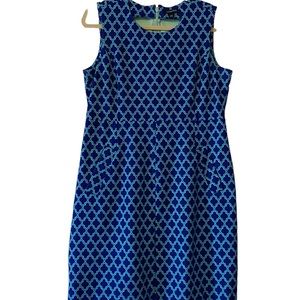 Lands End Womens Sun Dress Blue Geometric Sheath Pockets Zipper 12 Petite Scuba